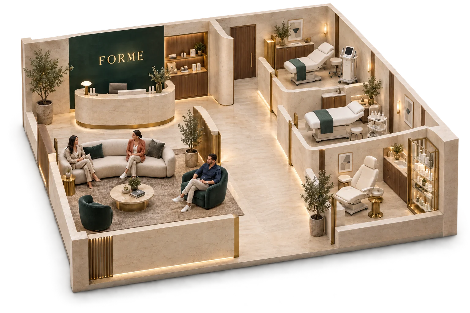 Architectural miniature of fictional FORME clinic with reception branding, three visitors and three treatment rooms
